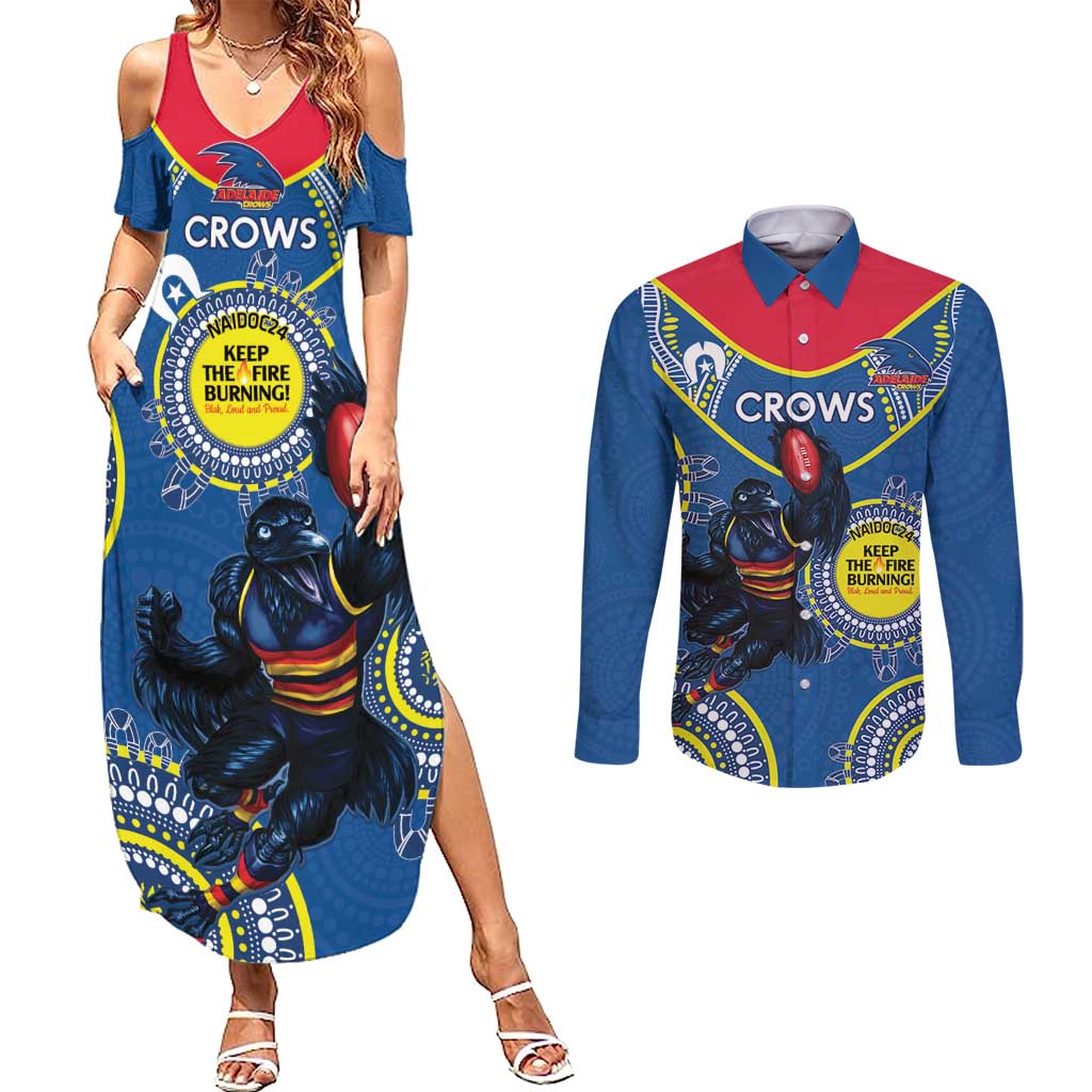 Custom AFL Crows NAIDOC Week Couples Matching Summer Maxi Dress and Long Sleeve Button Shirt Keep The Fire Burning Indigenous Art