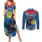 Custom AFL Crows NAIDOC Week Couples Matching Summer Maxi Dress and Long Sleeve Button Shirt Keep The Fire Burning Indigenous Art