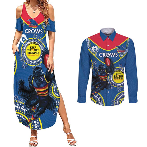 Custom AFL Crows NAIDOC Week Couples Matching Summer Maxi Dress and Long Sleeve Button Shirt Keep The Fire Burning Indigenous Art