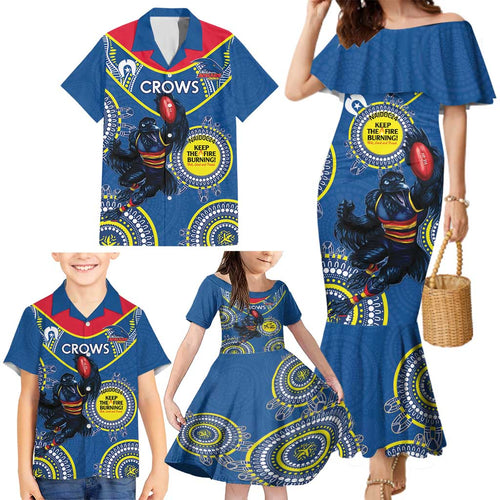 Custom AFL Crows NAIDOC Week Family Matching Mermaid Dress and Hawaiian Shirt Keep The Fire Burning Indigenous Art
