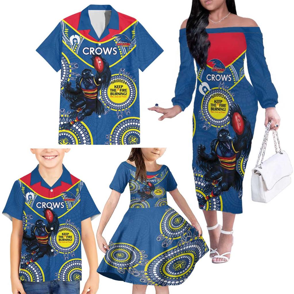 Custom AFL Crows NAIDOC Week Family Matching Off The Shoulder Long Sleeve Dress and Hawaiian Shirt Keep The Fire Burning Indigenous Art