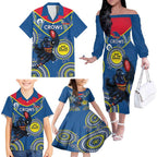 Custom AFL Crows NAIDOC Week Family Matching Off The Shoulder Long Sleeve Dress and Hawaiian Shirt Keep The Fire Burning Indigenous Art