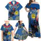 Custom AFL Crows NAIDOC Week Family Matching Off Shoulder Maxi Dress and Hawaiian Shirt Keep The Fire Burning Indigenous Art