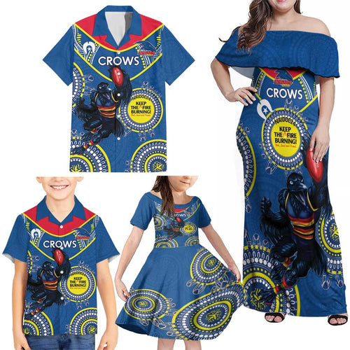 Custom AFL Crows NAIDOC Week Family Matching Off Shoulder Maxi Dress and Hawaiian Shirt Keep The Fire Burning Indigenous Art