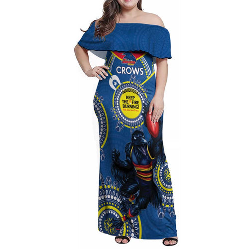 Custom AFL Crows NAIDOC Week Family Matching Off Shoulder Maxi Dress and Hawaiian Shirt Keep The Fire Burning Indigenous Art