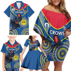 Custom AFL Crows NAIDOC Week Family Matching Off Shoulder Short Dress and Hawaiian Shirt Keep The Fire Burning Indigenous Art