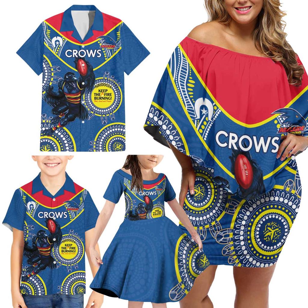 Custom AFL Crows NAIDOC Week Family Matching Off Shoulder Short Dress and Hawaiian Shirt Keep The Fire Burning Indigenous Art