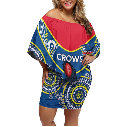 Custom AFL Crows NAIDOC Week Family Matching Off Shoulder Short Dress and Hawaiian Shirt Keep The Fire Burning Indigenous Art