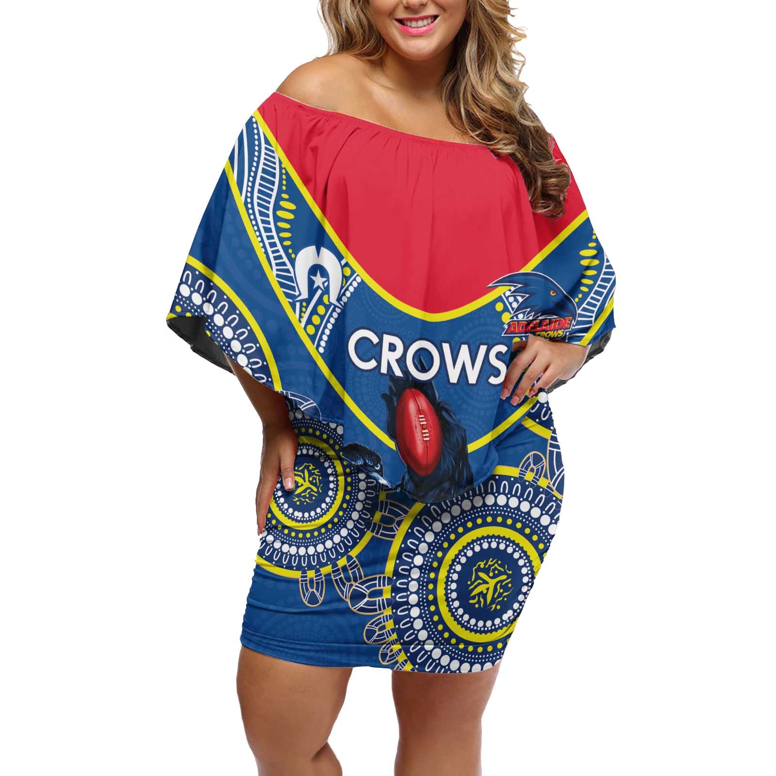 Custom AFL Crows NAIDOC Week Off Shoulder Short Dress Keep The Fire Burning Indigenous Art