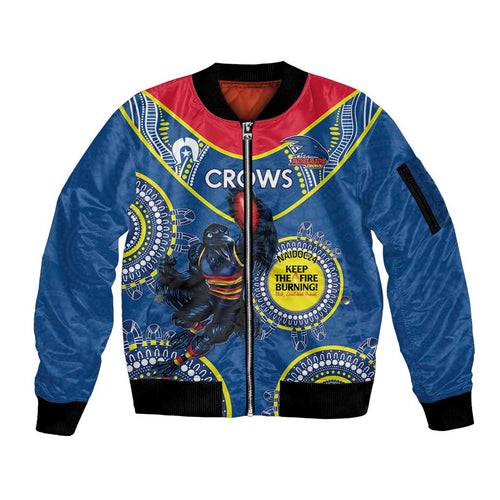 Custom AFL Crows NAIDOC Week Sleeve Zip Bomber Jacket Keep The Fire Burning Indigenous Art