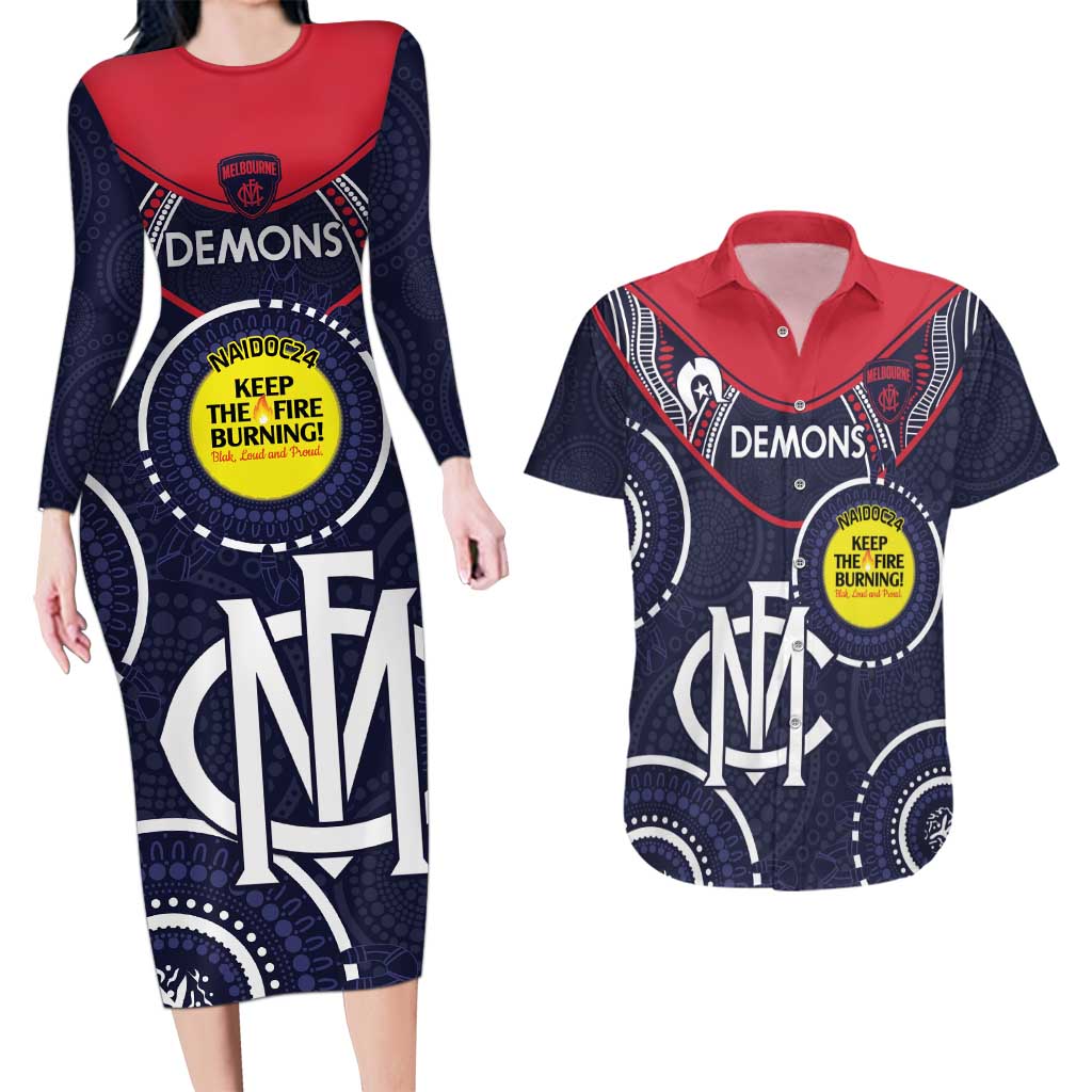 Custom AFL Demons NAIDOC Week Couples Matching Long Sleeve Bodycon Dress and Hawaiian Shirt Keep The Fire Burning Indigenous Art