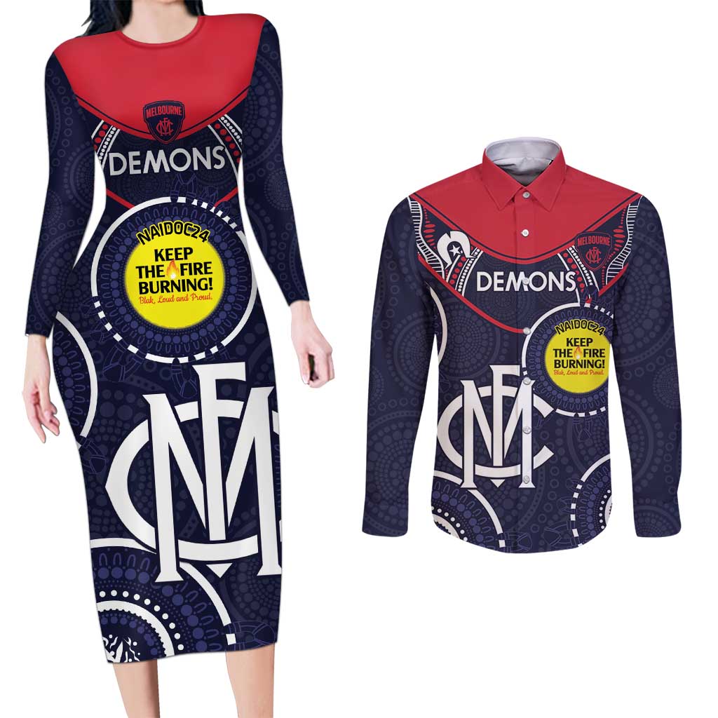 Custom AFL Demons NAIDOC Week Couples Matching Long Sleeve Bodycon Dress and Long Sleeve Button Shirt Keep The Fire Burning Indigenous Art