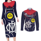Custom AFL Demons NAIDOC Week Couples Matching Long Sleeve Bodycon Dress and Long Sleeve Button Shirt Keep The Fire Burning Indigenous Art