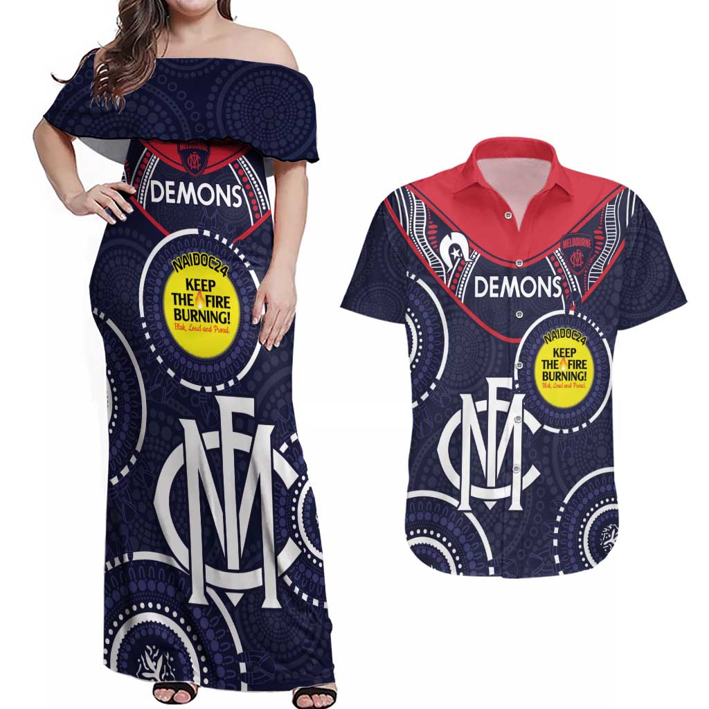 Custom AFL Demons NAIDOC Week Couples Matching Off Shoulder Maxi Dress and Hawaiian Shirt Keep The Fire Burning Indigenous Art
