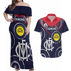 Custom AFL Demons NAIDOC Week Couples Matching Off Shoulder Maxi Dress and Hawaiian Shirt Keep The Fire Burning Indigenous Art