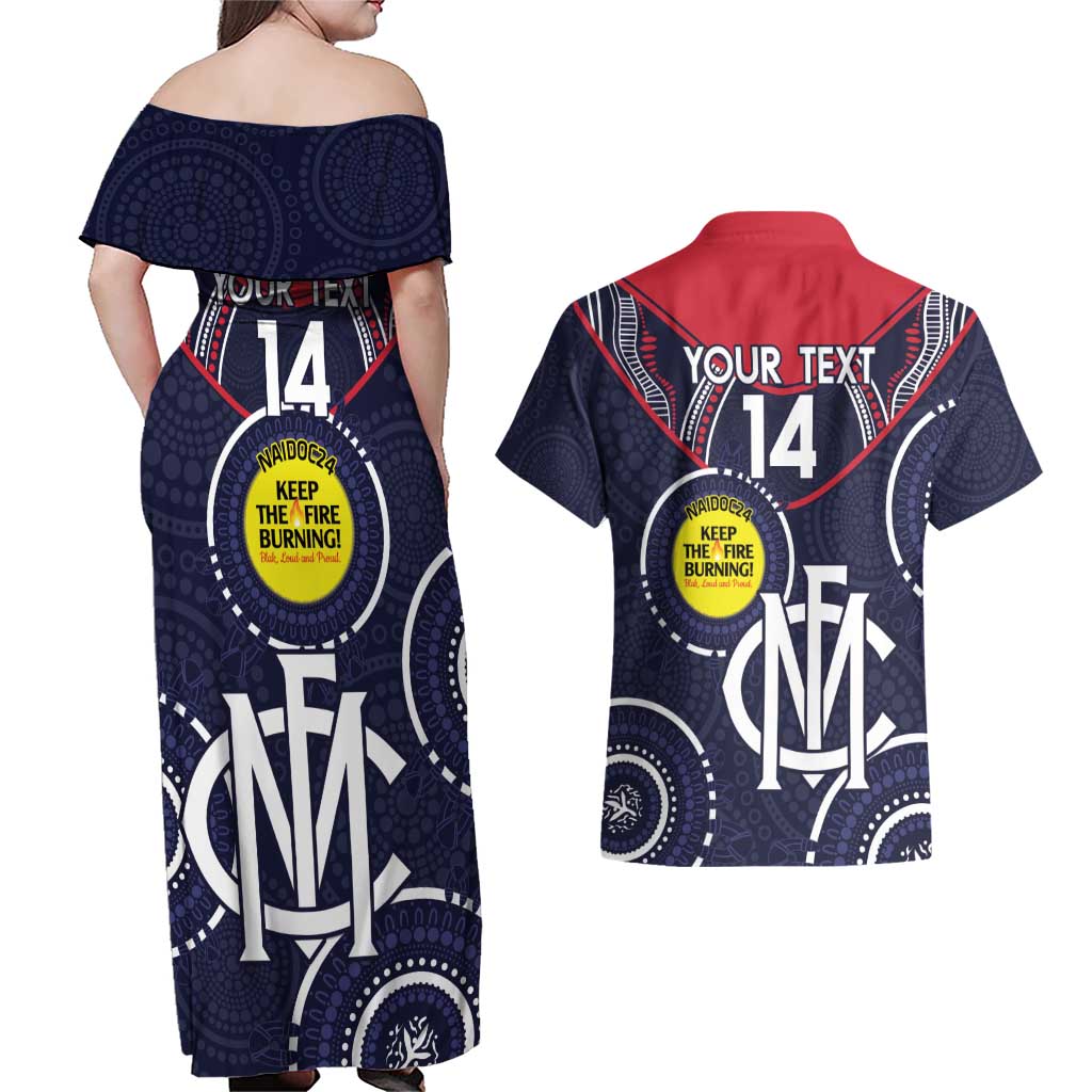 Custom AFL Demons NAIDOC Week Couples Matching Off Shoulder Maxi Dress and Hawaiian Shirt Keep The Fire Burning Indigenous Art