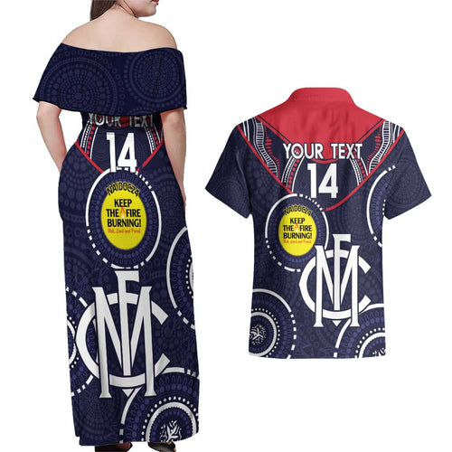 Custom AFL Demons NAIDOC Week Couples Matching Off Shoulder Maxi Dress and Hawaiian Shirt Keep The Fire Burning Indigenous Art