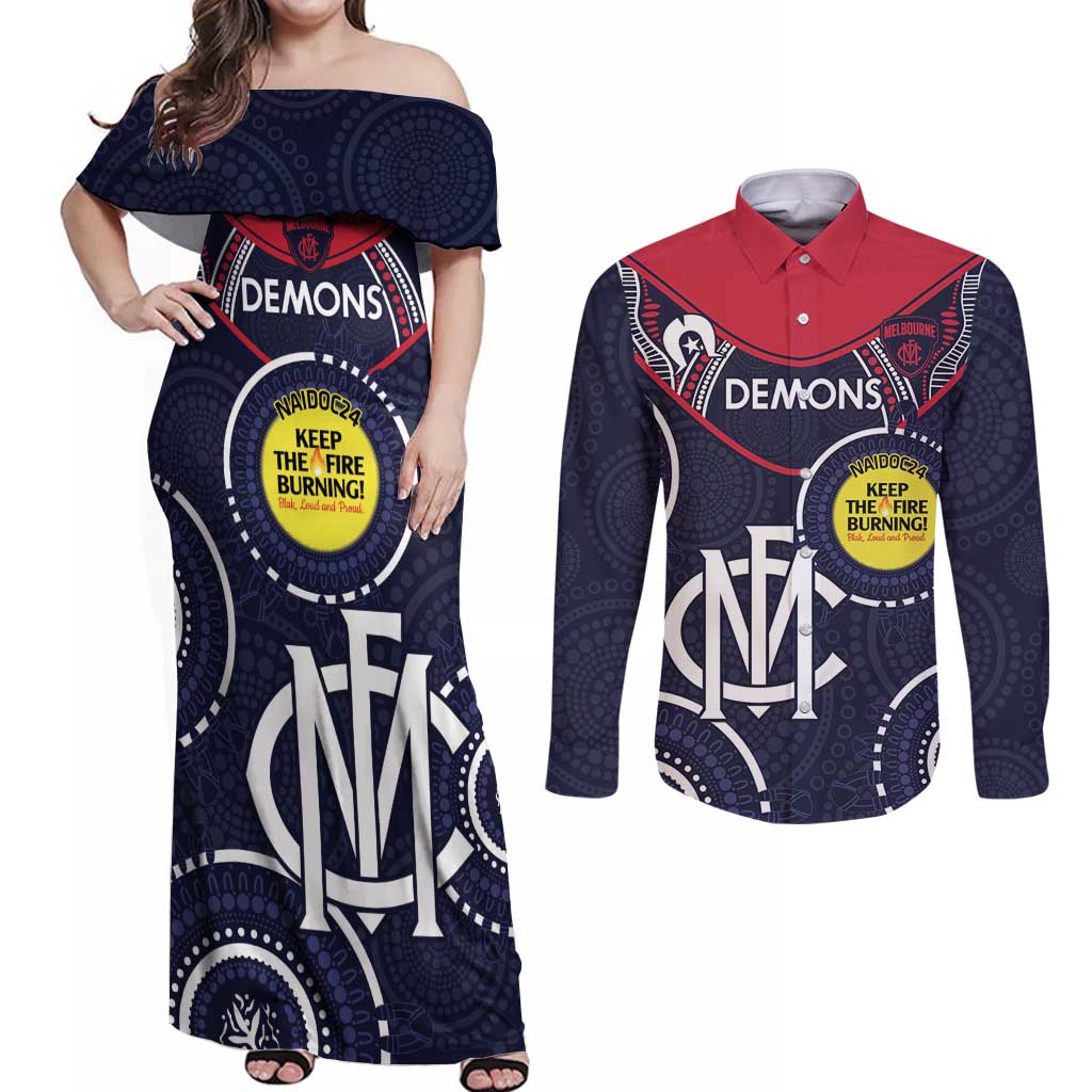 Custom AFL Demons NAIDOC Week Couples Matching Off Shoulder Maxi Dress and Long Sleeve Button Shirt Keep The Fire Burning Indigenous Art