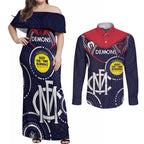 Custom AFL Demons NAIDOC Week Couples Matching Off Shoulder Maxi Dress and Long Sleeve Button Shirt Keep The Fire Burning Indigenous Art
