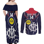 Custom AFL Demons NAIDOC Week Couples Matching Off Shoulder Maxi Dress and Long Sleeve Button Shirt Keep The Fire Burning Indigenous Art