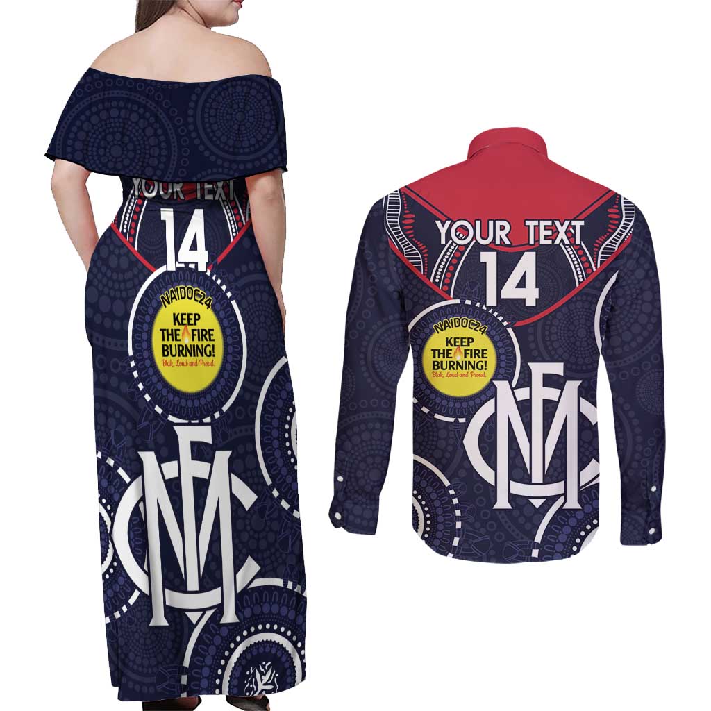 Custom AFL Demons NAIDOC Week Couples Matching Off Shoulder Maxi Dress and Long Sleeve Button Shirt Keep The Fire Burning Indigenous Art