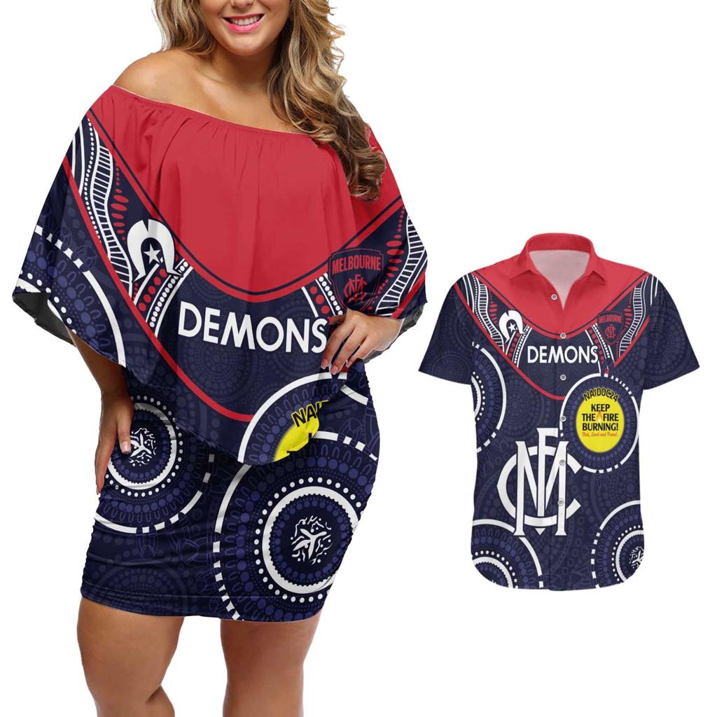 Custom AFL Demons NAIDOC Week Couples Matching Off Shoulder Short Dress and Hawaiian Shirt Keep The Fire Burning Indigenous Art