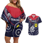 Custom AFL Demons NAIDOC Week Couples Matching Off Shoulder Short Dress and Hawaiian Shirt Keep The Fire Burning Indigenous Art