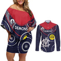 Custom AFL Demons NAIDOC Week Couples Matching Off Shoulder Short Dress and Long Sleeve Button Shirt Keep The Fire Burning Indigenous Art
