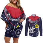 Custom AFL Demons NAIDOC Week Couples Matching Off Shoulder Short Dress and Long Sleeve Button Shirt Keep The Fire Burning Indigenous Art