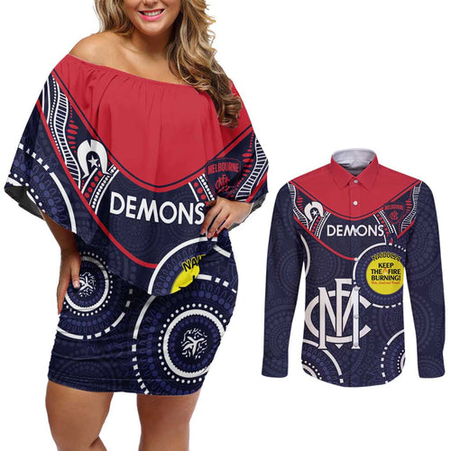 Custom AFL Demons NAIDOC Week Couples Matching Off Shoulder Short Dress and Long Sleeve Button Shirt Keep The Fire Burning Indigenous Art