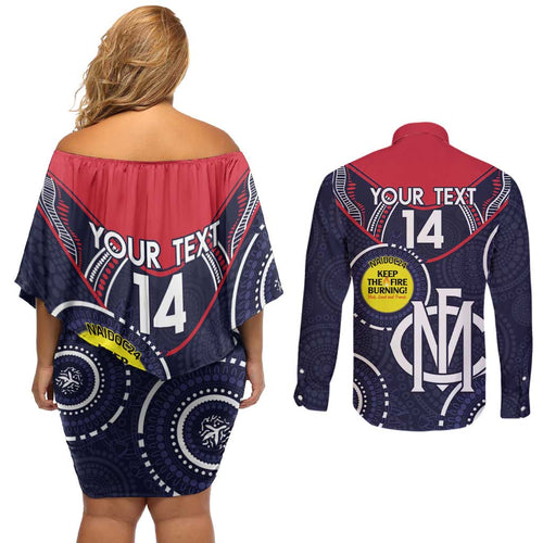 Custom AFL Demons NAIDOC Week Couples Matching Off Shoulder Short Dress and Long Sleeve Button Shirt Keep The Fire Burning Indigenous Art