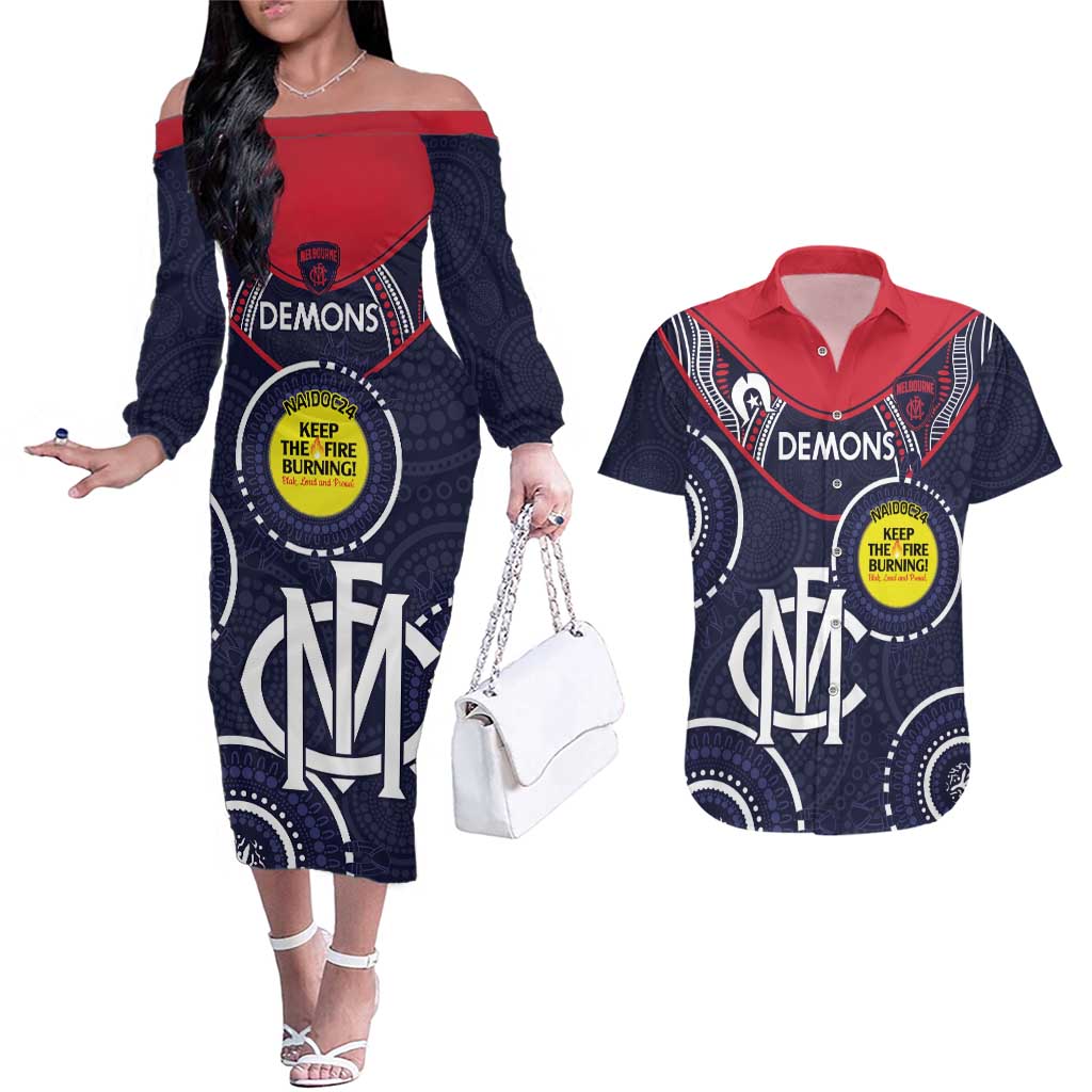 Custom AFL Demons NAIDOC Week Couples Matching Off The Shoulder Long Sleeve Dress and Hawaiian Shirt Keep The Fire Burning Indigenous Art