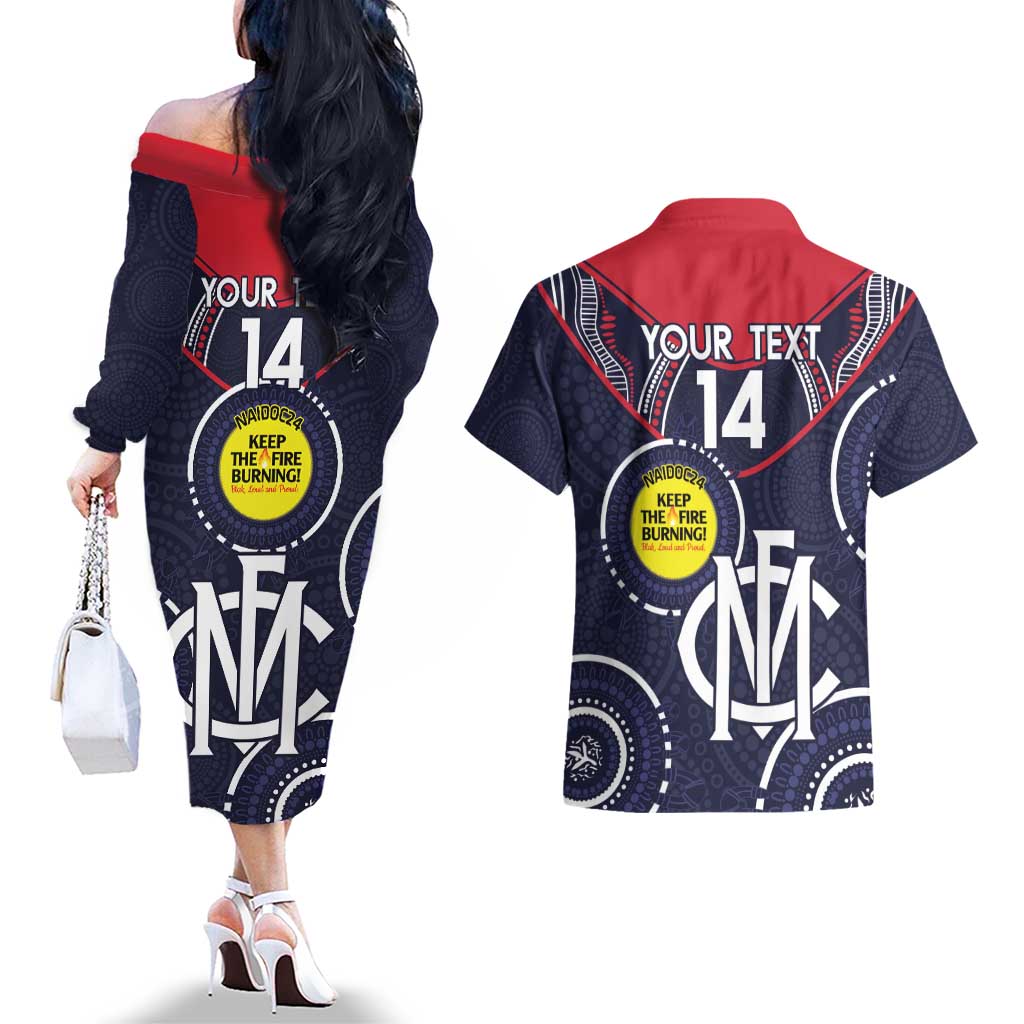 Custom AFL Demons NAIDOC Week Couples Matching Off The Shoulder Long Sleeve Dress and Hawaiian Shirt Keep The Fire Burning Indigenous Art