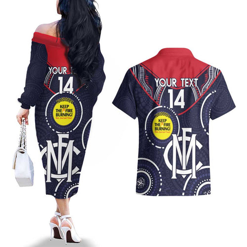 Custom AFL Demons NAIDOC Week Couples Matching Off The Shoulder Long Sleeve Dress and Hawaiian Shirt Keep The Fire Burning Indigenous Art