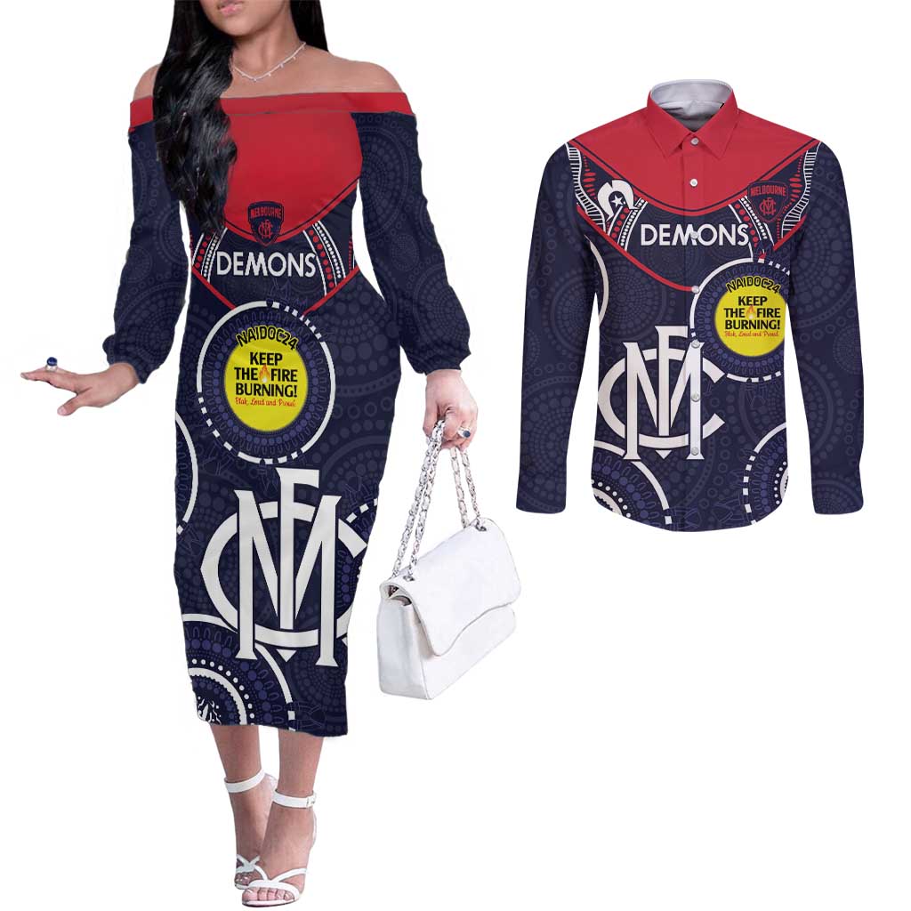 Custom AFL Demons NAIDOC Week Couples Matching Off The Shoulder Long Sleeve Dress and Long Sleeve Button Shirt Keep The Fire Burning Indigenous Art