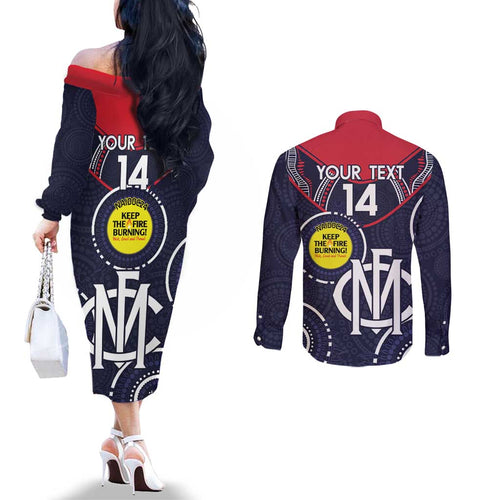 Custom AFL Demons NAIDOC Week Couples Matching Off The Shoulder Long Sleeve Dress and Long Sleeve Button Shirt Keep The Fire Burning Indigenous Art