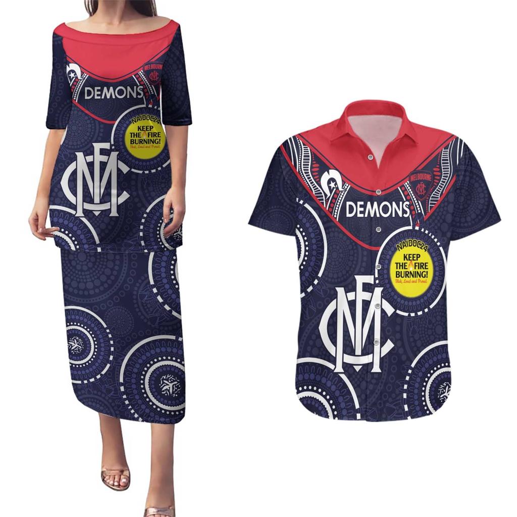 Custom AFL Demons NAIDOC Week Couples Matching Puletasi and Hawaiian Shirt Keep The Fire Burning Indigenous Art