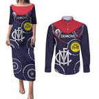 Custom AFL Demons NAIDOC Week Couples Matching Puletasi and Long Sleeve Button Shirt Keep The Fire Burning Indigenous Art