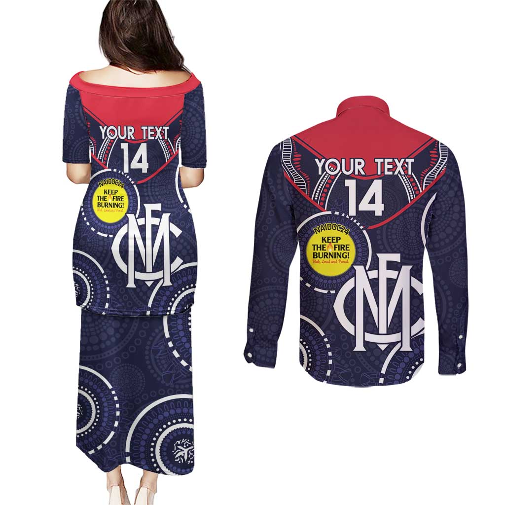 Custom AFL Demons NAIDOC Week Couples Matching Puletasi and Long Sleeve Button Shirt Keep The Fire Burning Indigenous Art