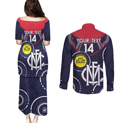 Custom AFL Demons NAIDOC Week Couples Matching Puletasi and Long Sleeve Button Shirt Keep The Fire Burning Indigenous Art