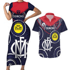 Custom AFL Demons NAIDOC Week Couples Matching Short Sleeve Bodycon Dress and Hawaiian Shirt Keep The Fire Burning Indigenous Art
