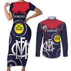 Custom AFL Demons NAIDOC Week Couples Matching Short Sleeve Bodycon Dress and Long Sleeve Button Shirt Keep The Fire Burning Indigenous Art