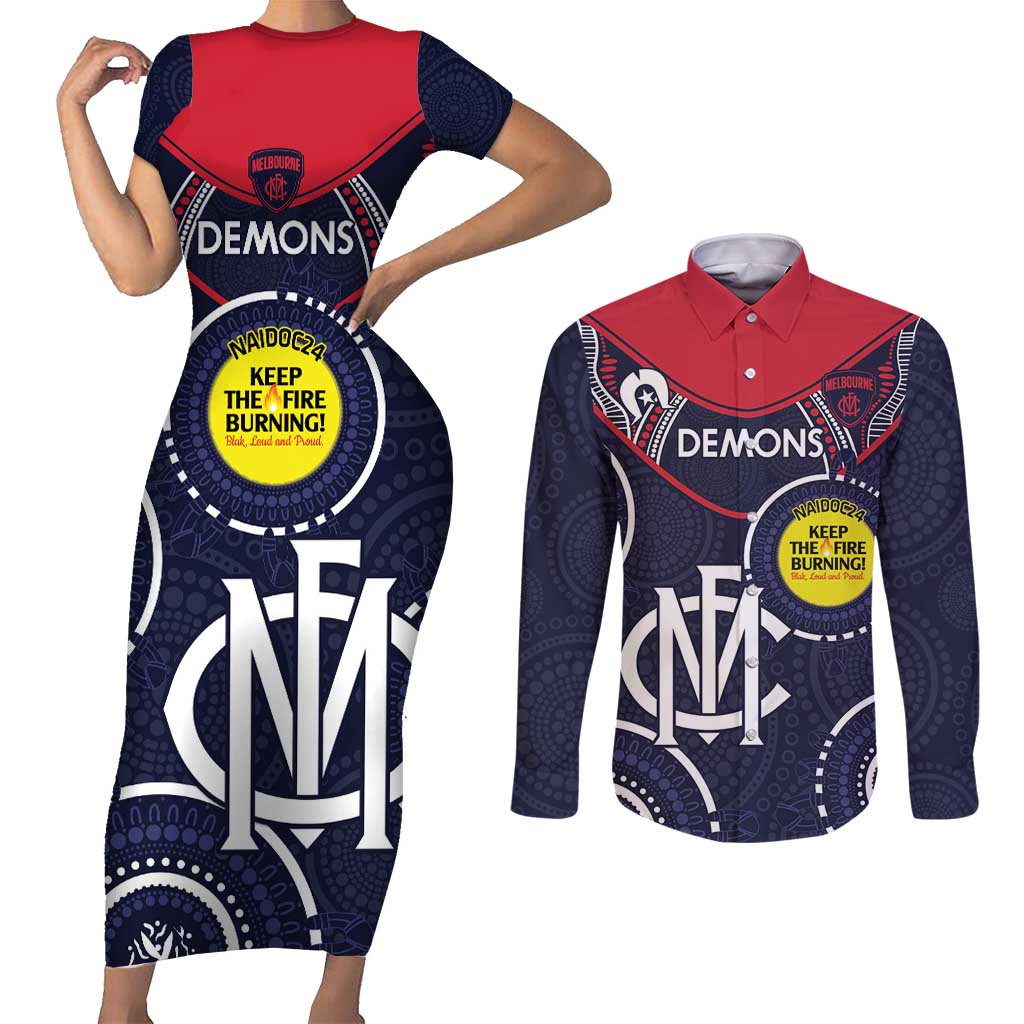 Custom AFL Demons NAIDOC Week Couples Matching Short Sleeve Bodycon Dress and Long Sleeve Button Shirt Keep The Fire Burning Indigenous Art