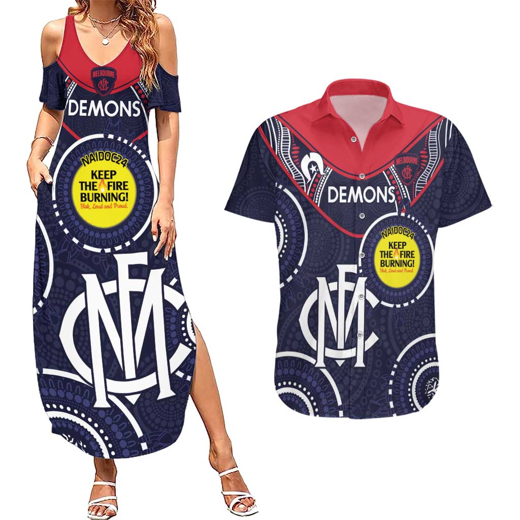 Custom AFL Demons NAIDOC Week Couples Matching Summer Maxi Dress and Hawaiian Shirt Keep The Fire Burning Indigenous Art