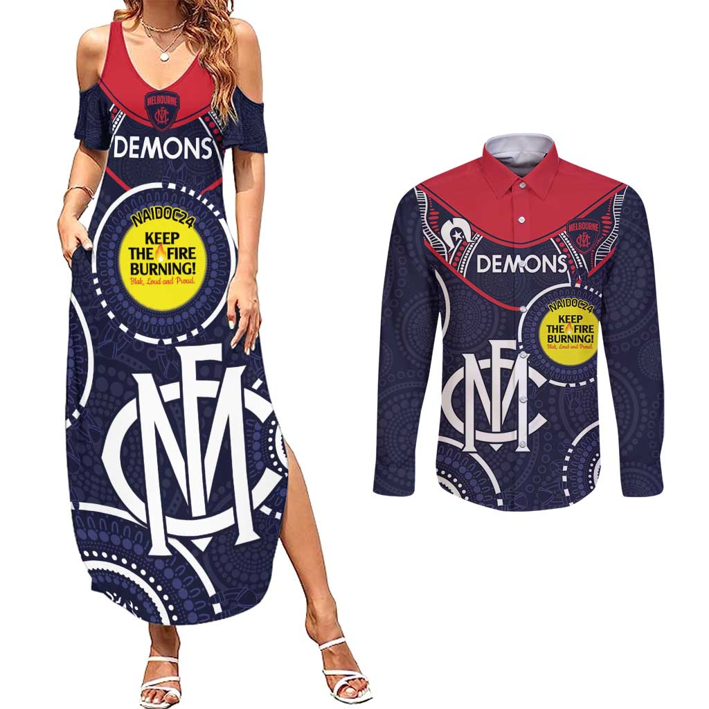 Custom AFL Demons NAIDOC Week Couples Matching Summer Maxi Dress and Long Sleeve Button Shirt Keep The Fire Burning Indigenous Art