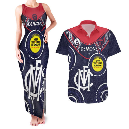 Custom AFL Demons NAIDOC Week Couples Matching Tank Maxi Dress and Hawaiian Shirt Keep The Fire Burning Indigenous Art