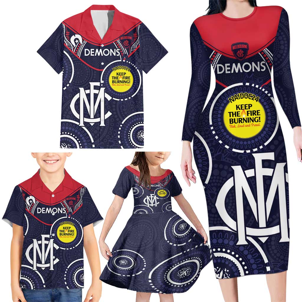 Custom AFL Demons NAIDOC Week Family Matching Long Sleeve Bodycon Dress and Hawaiian Shirt Keep The Fire Burning Indigenous Art