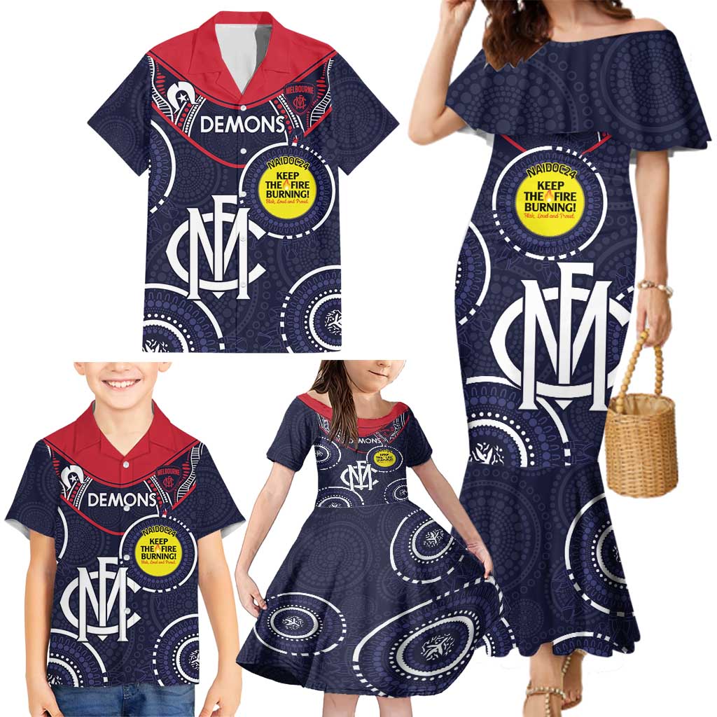Custom AFL Demons NAIDOC Week Family Matching Mermaid Dress and Hawaiian Shirt Keep The Fire Burning Indigenous Art