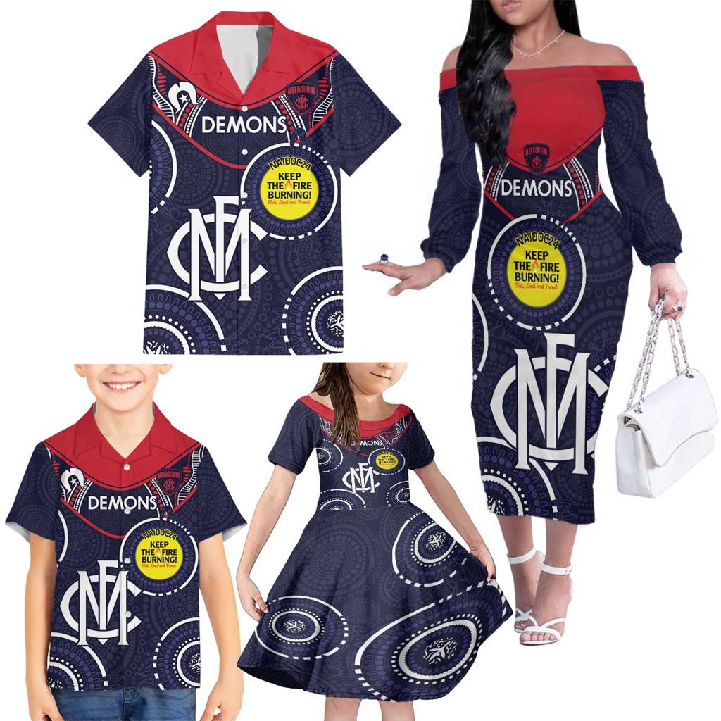 Custom AFL Demons NAIDOC Week Family Matching Off The Shoulder Long Sleeve Dress and Hawaiian Shirt Keep The Fire Burning Indigenous Art