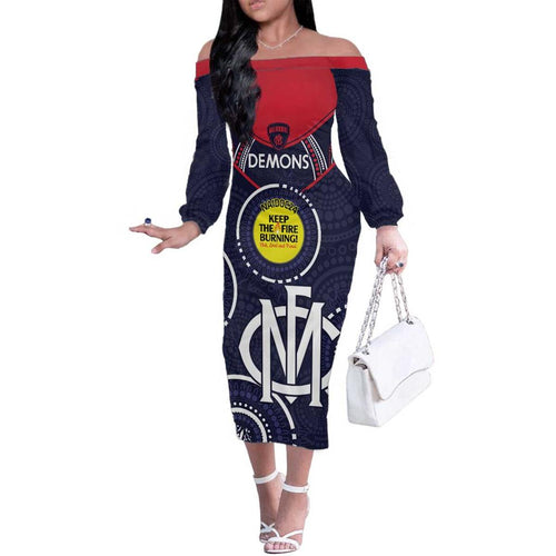 Custom AFL Demons NAIDOC Week Family Matching Off The Shoulder Long Sleeve Dress and Hawaiian Shirt Keep The Fire Burning Indigenous Art